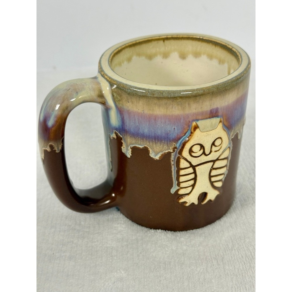Vintage Studio Pottery Owl Mug Signed Drip Glaze Handmade Brown Purple Cup